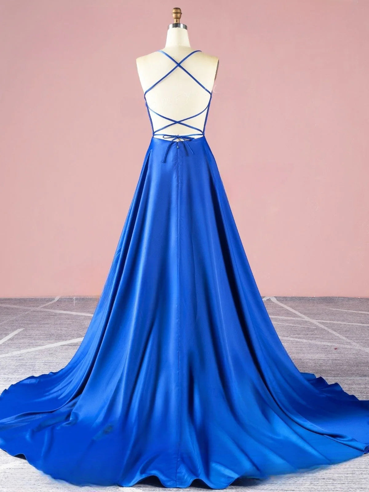 DingJiDress Long Red Open Back Spaghetti Straps Satin  Simple Cheap Prom Dresses