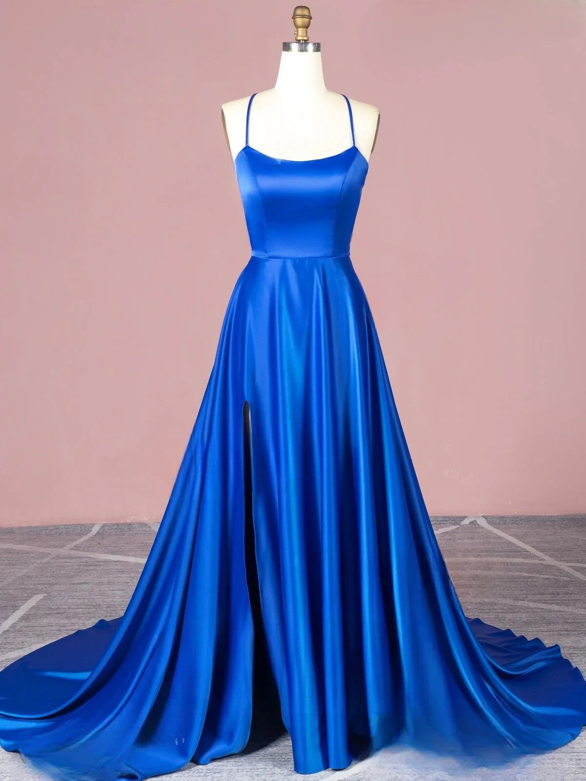 DingJiDress Long Red Open Back Spaghetti Straps Satin  Simple Cheap Prom Dresses