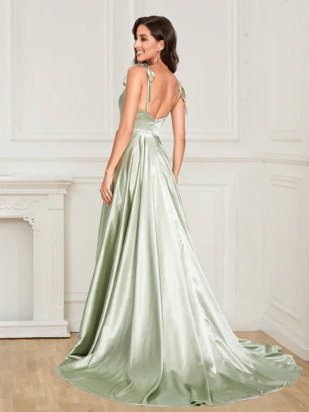 DingJiDress Sexy Satin Straps Sleeveless Split Front Prom Dress