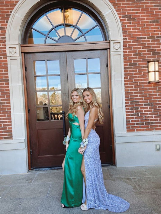 DingJiDress Prom Dresses Straps V Neck Mermaid Sequins Sleeveless Floor Length With Split