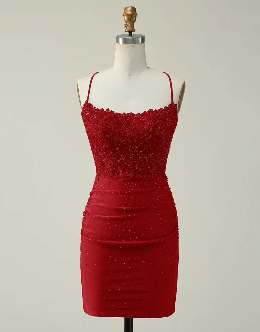 DingJiDress Dark Red Bodycon Spaghetti Straps Short Homecoming Dress