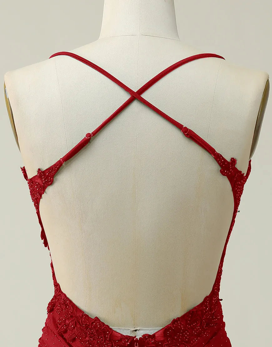 DingJiDress Dark Red Bodycon Spaghetti Straps Short Homecoming Dress