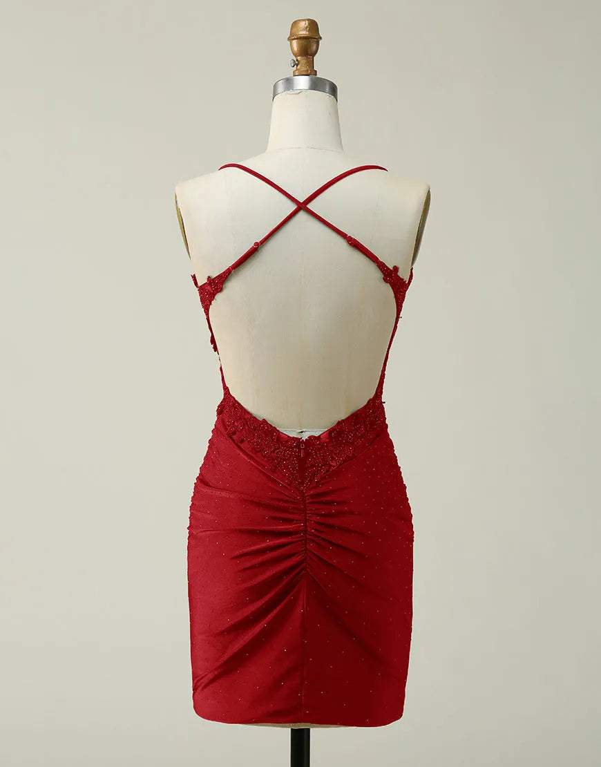 DingJiDress Dark Red Bodycon Spaghetti Straps Short Homecoming Dress