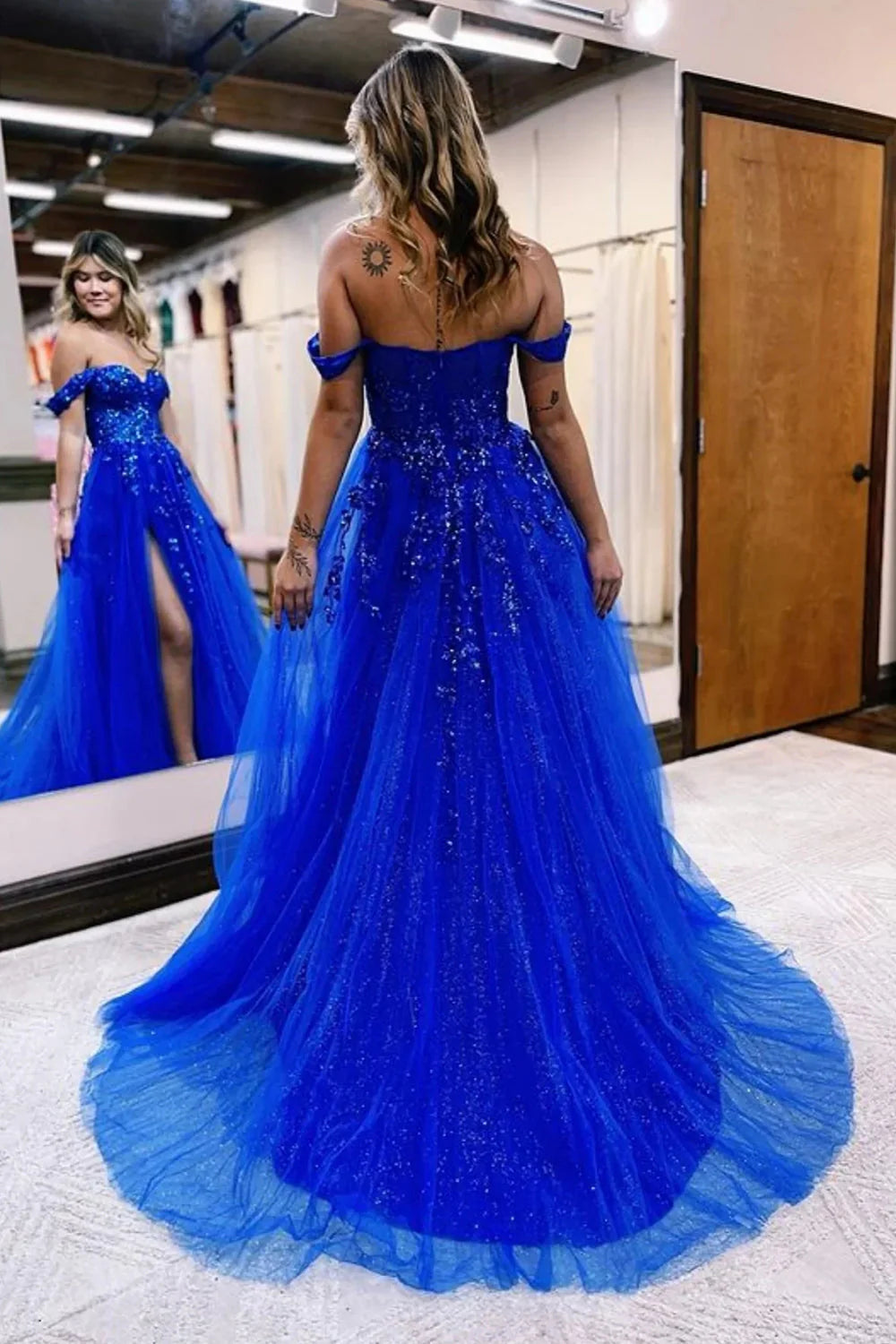 DingJiDress Prom Dress Sparkly A Line Off The Shoulder Appliques Long Tulle with Slit