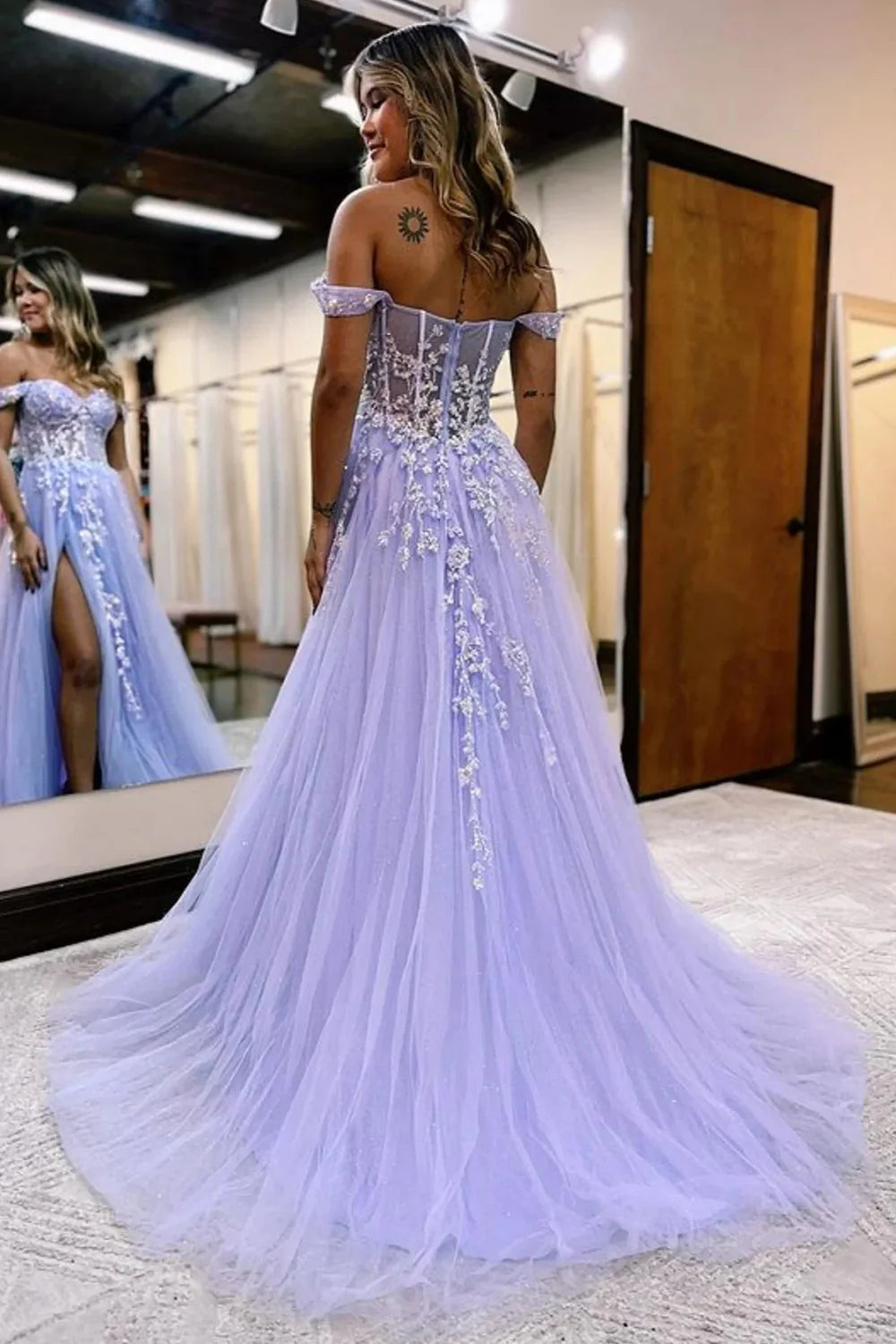 DingJiDress Prom Dress Sparkly A Line Off The Shoulder Appliques Long Tulle with Slit