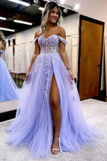 DingJiDress Prom Dress Sparkly A Line Off The Shoulder Appliques Long Tulle with Slit
