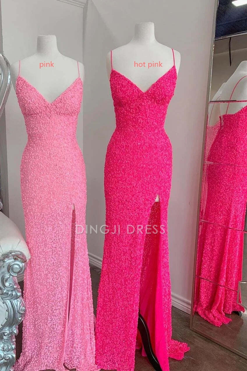 DingJiDress Formal Dress Charming Mermaid Sequins V-Neck Spaghetti Strap Sleeveless Backless Side Fork Party Sparkly Prom Dress