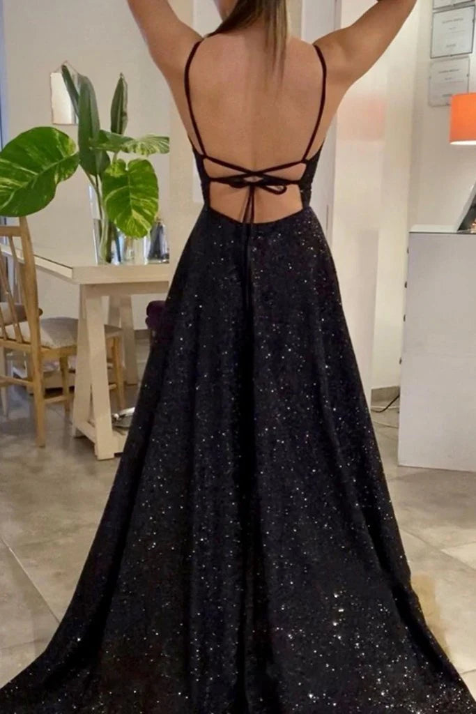 DingJiDress Straps Long Prom Dress Backless Evening Dress With Sequins