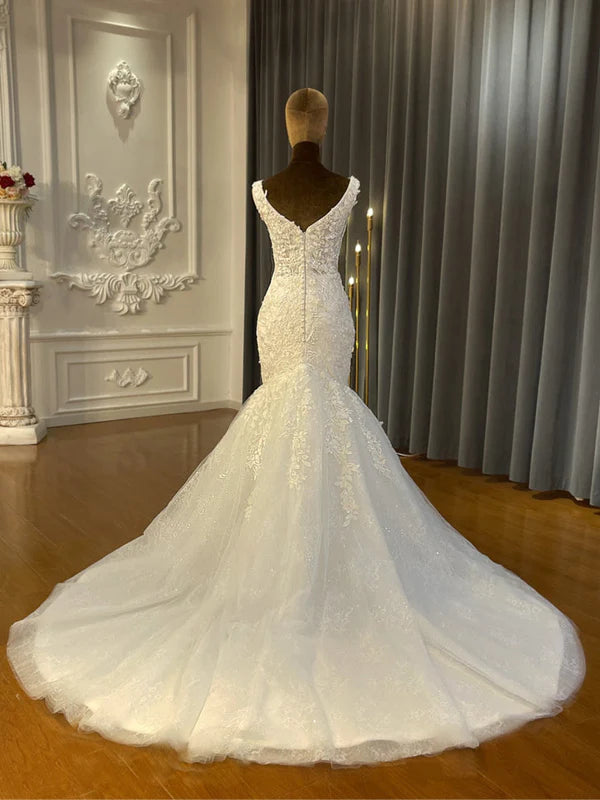 DingJiDress Beach Straps Illusion V Neck Applique Mermaid Wedding Dresses