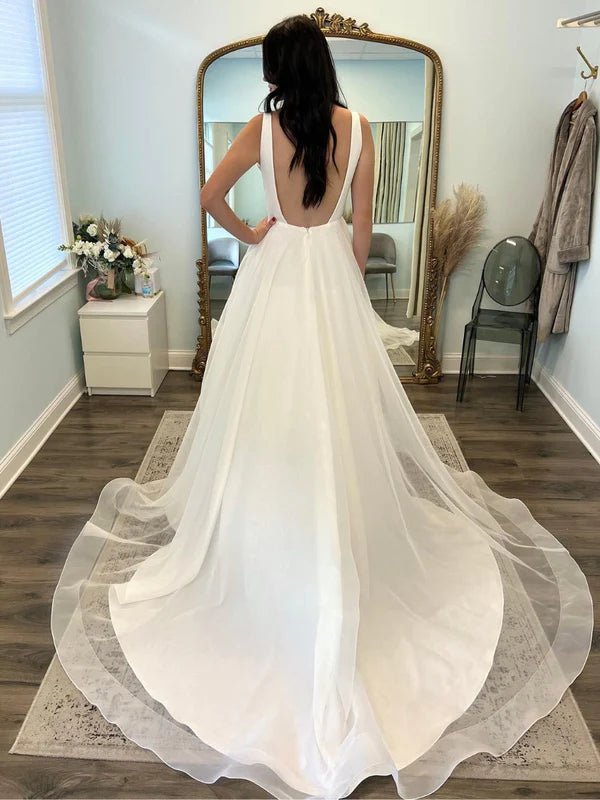 Satin Straps Stright Neckline A Line Wedding Dresses