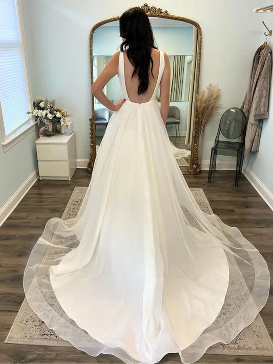 Satin Straps Stright Neckline A Line Wedding Dresses