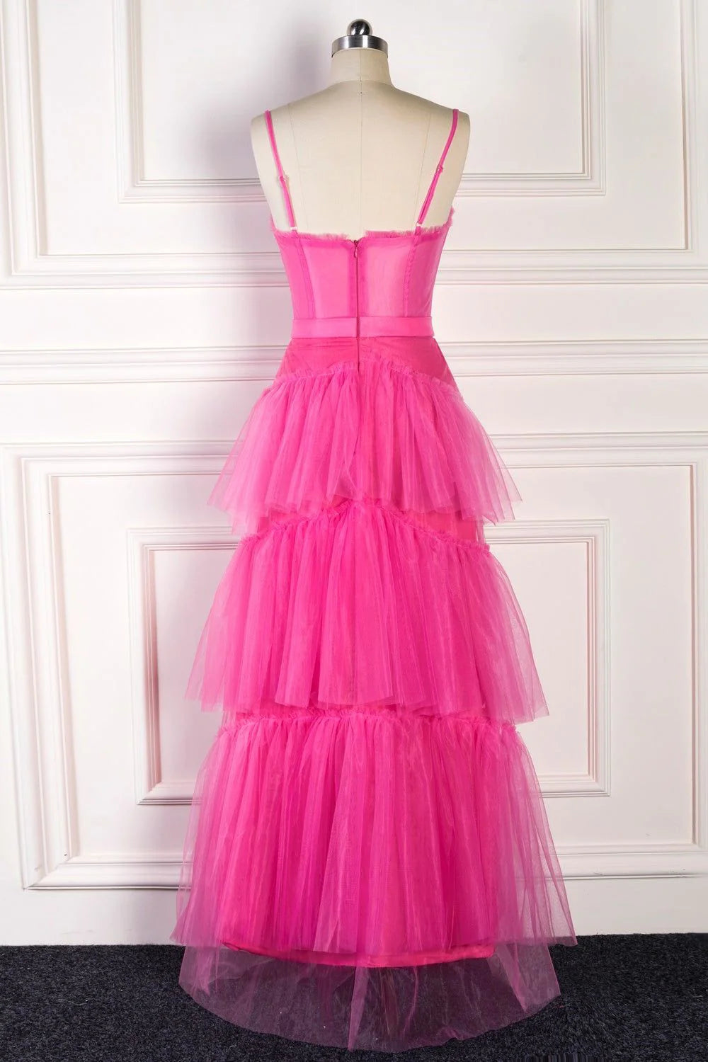 DingJiDress Elegant A Line Pink&nbsp; Straps Tiered Tulle Long Prom Dress Spaghetti