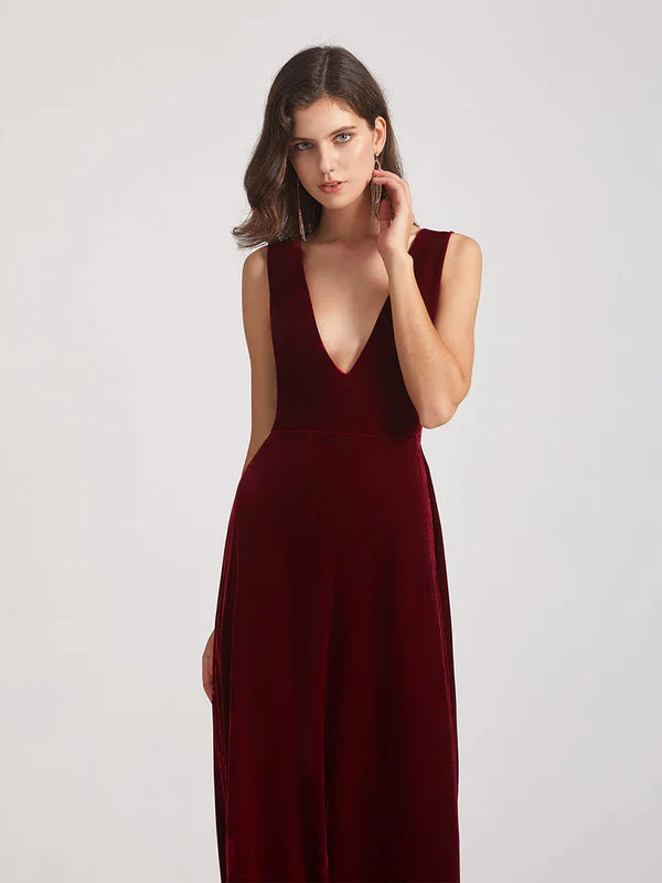 DingJiDress Bold V Neck A Line Velvet Bridesmaid Dresses