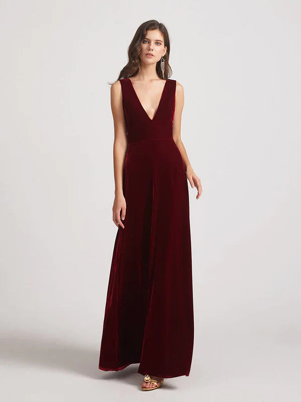 DingJiDress Bold V Neck A Line Velvet Bridesmaid Dresses