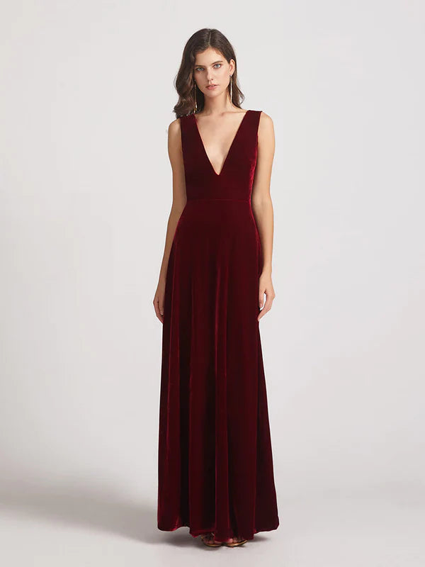 DingJiDress Bold V Neck A Line Velvet Bridesmaid Dresses