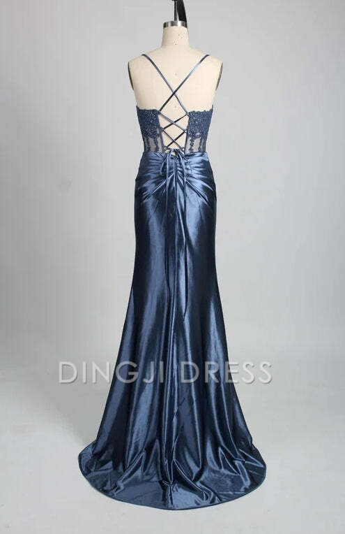 DingJiDress Formal Dress Mermaid Spaghetti Strap Appliques Satin Pleated With Slit Backless Elegant Prom Dress