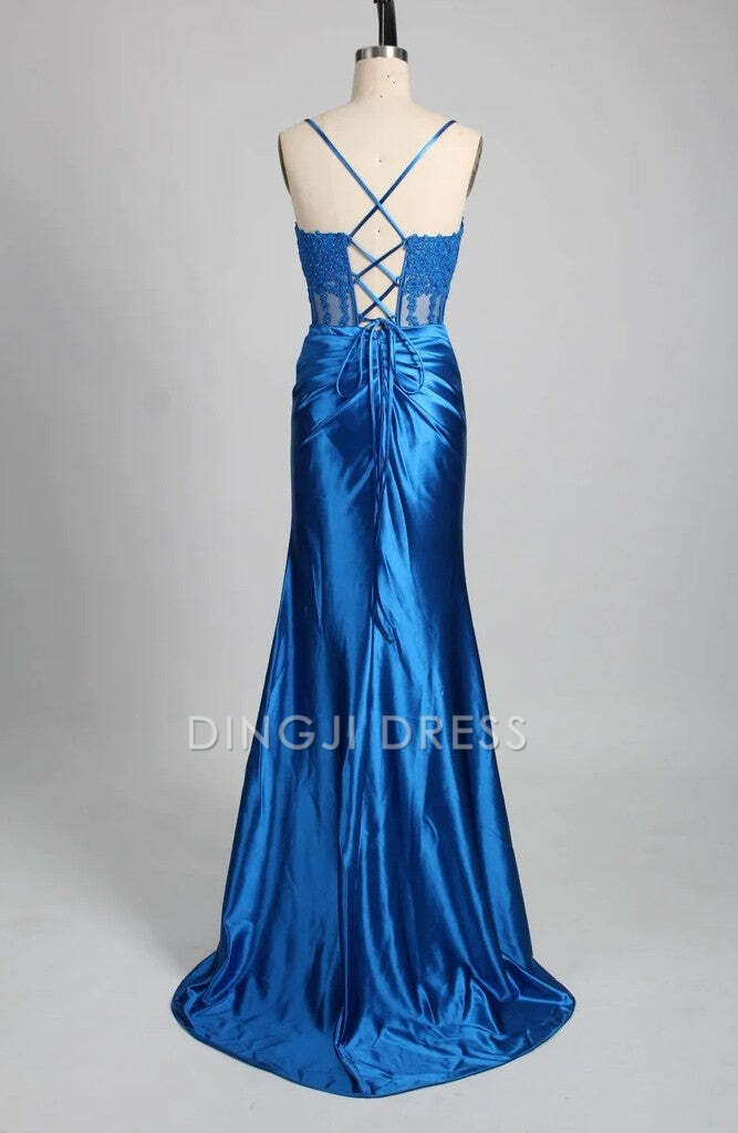 DingJiDress Formal Dress Mermaid Spaghetti Strap Appliques Satin Pleated With Slit Backless Elegant Prom Dress