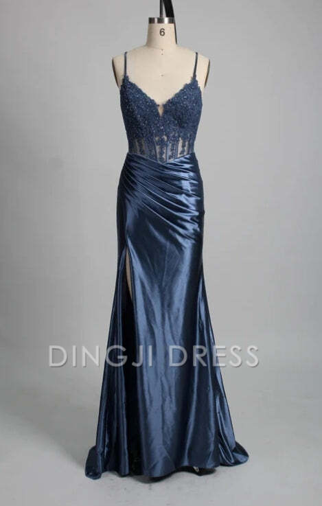 DingJiDress Formal Dress Mermaid Spaghetti Strap Appliques Satin Pleated With Slit Backless Elegant Prom Dress