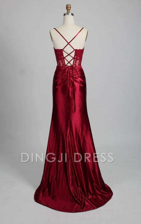 DingJiDress Formal Dress Mermaid Spaghetti Strap Appliques Satin Pleated With Slit Backless Elegant Prom Dress