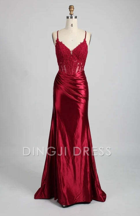 DingJiDress Formal Dress Mermaid Spaghetti Strap Appliques Satin Pleated With Slit Backless Elegant Prom Dress