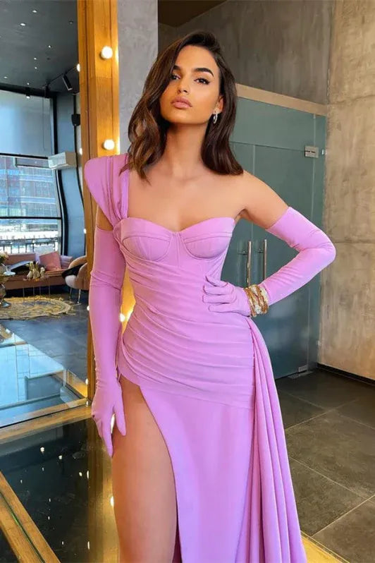 Stunning Mermaid Sweetheart Neck One Shoulder Ruched Draped Lilac Train Evening Dress For Sale
