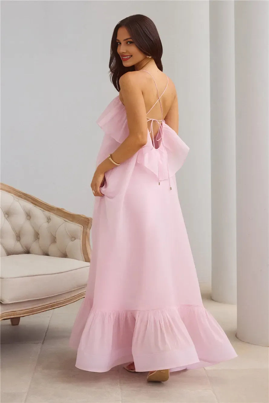 Stunning Spaghetti Straps Ruffle Tie Pink Maxi Evening Dress Hot Sale
