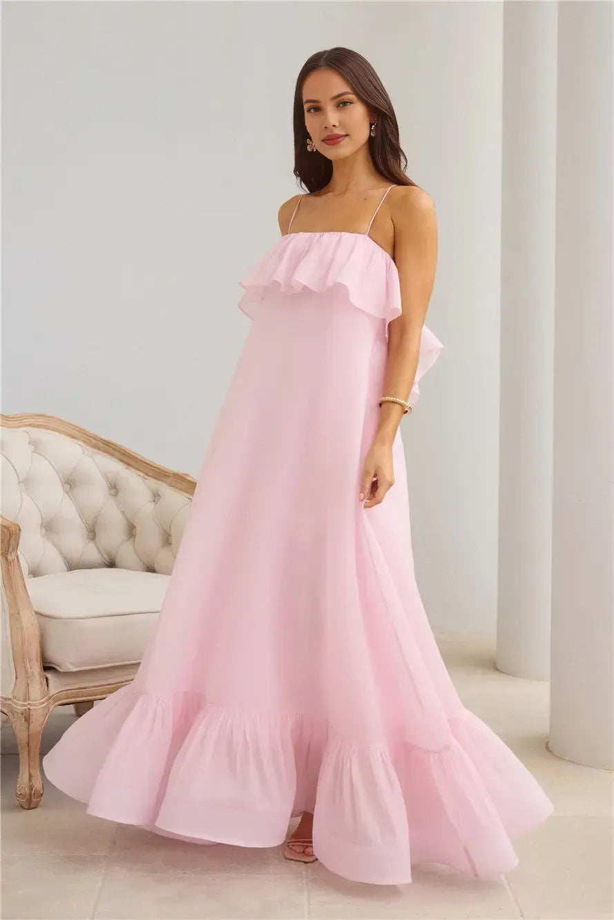Stunning Spaghetti Straps Ruffle Tie Pink Maxi Evening Dress Hot Sale