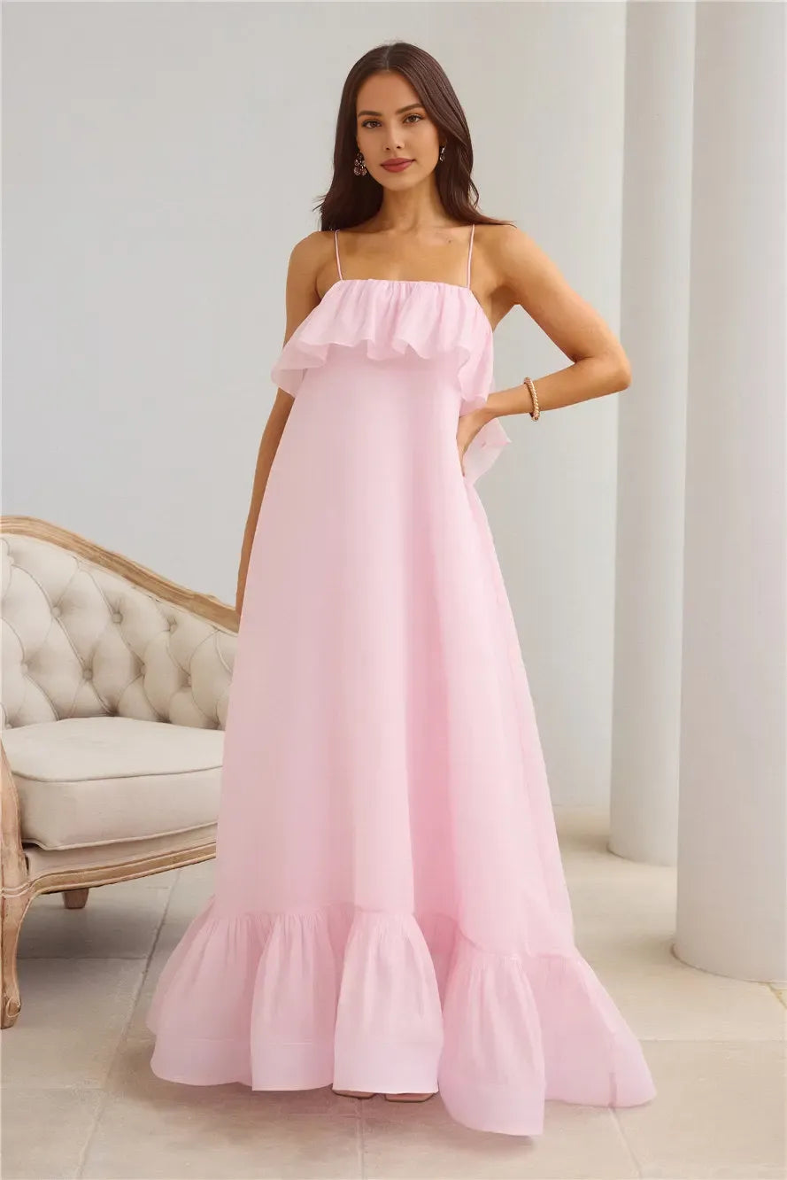 Stunning Spaghetti Straps Ruffle Tie Pink Maxi Evening Dress Hot Sale