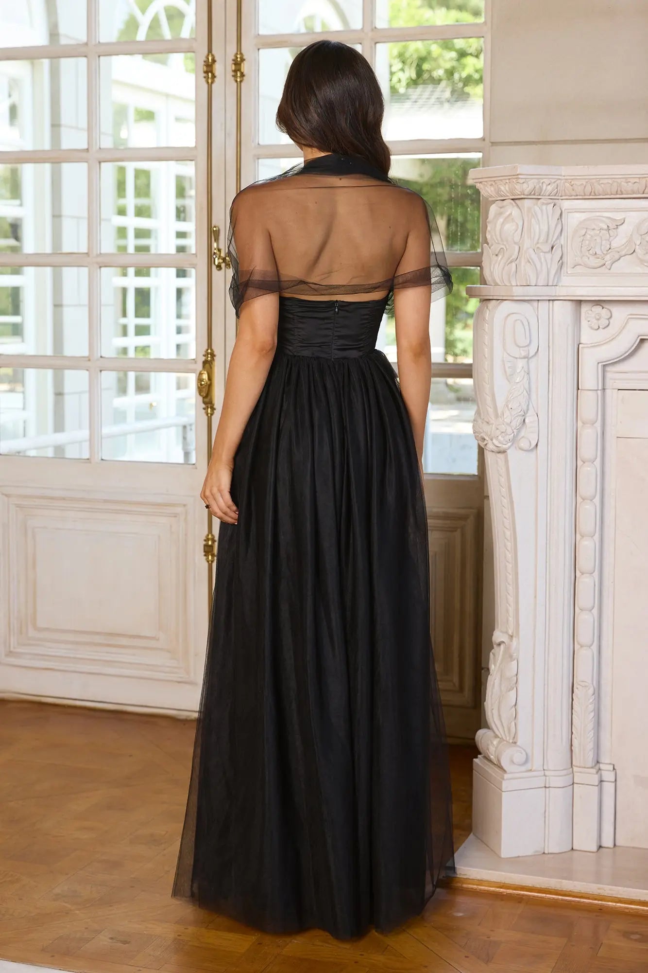 Stylish A-line Halter Open Back Tulle Black Maxi Prom Dress With Sheer Cape