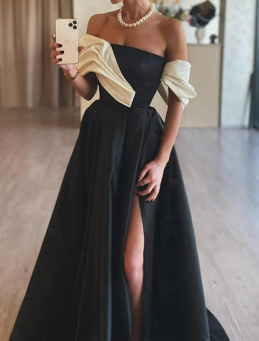 Stylish Ball Gown Off Shoulder Ruched Color Block Satin Black Prom Dress With High Slit