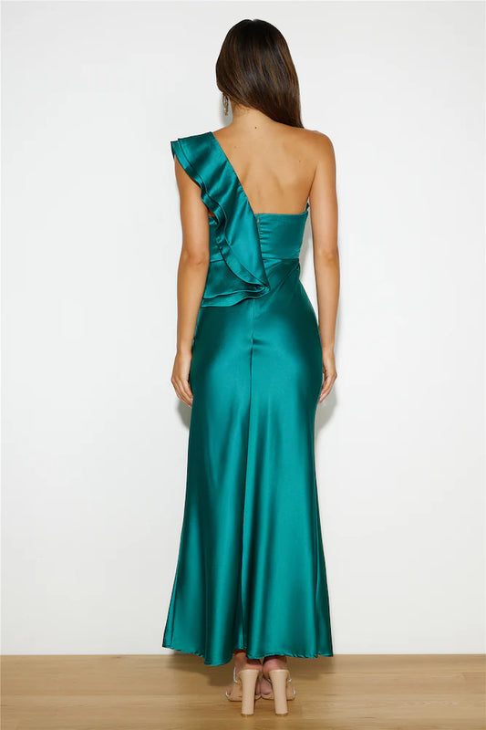 Stylish Elegant Mermaid One Shoulder Ruffle Green Maxi Prom Dress For Women