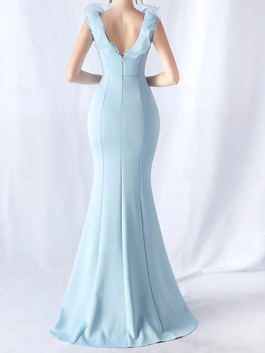 Stylish Mermaid V-Neck Ruffle Sky Blue Maxi Prom Dress With Slit