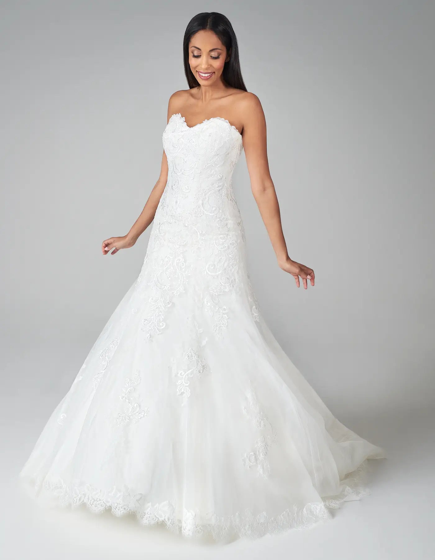 DingJiDress a strapless gown with chantilly eyelash hem Wedding Dresses