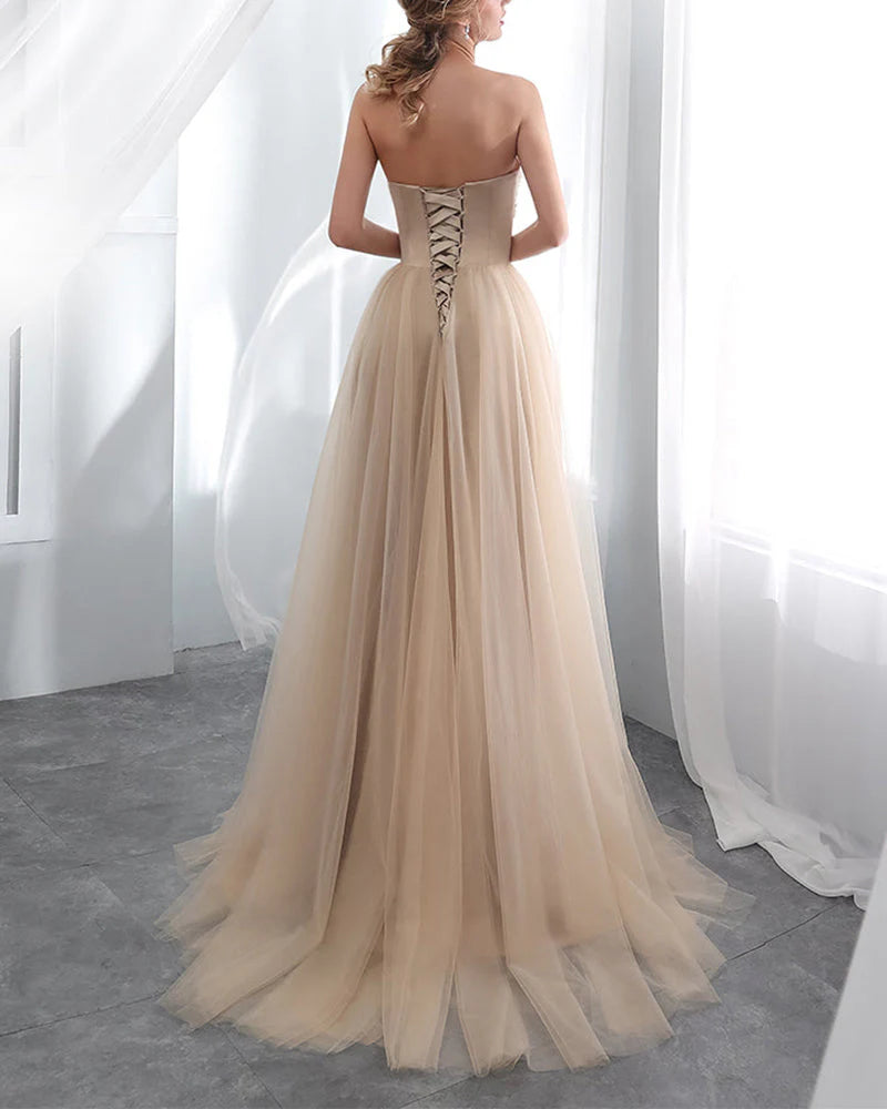 DingJiDress Prom Dresses Charming Strapless Handmade Appliques Formal Dresses