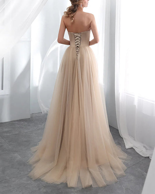 DingJiDress Prom Dresses Charming Strapless Handmade Appliques Formal Dresses