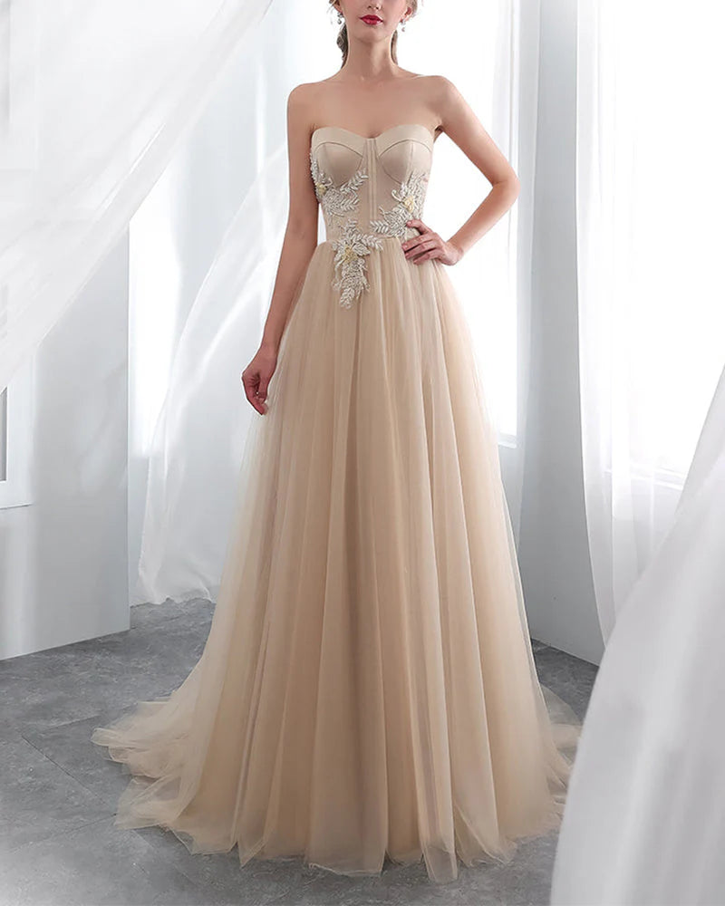 DingJiDress Prom Dresses Charming Strapless Handmade Appliques Formal Dresses