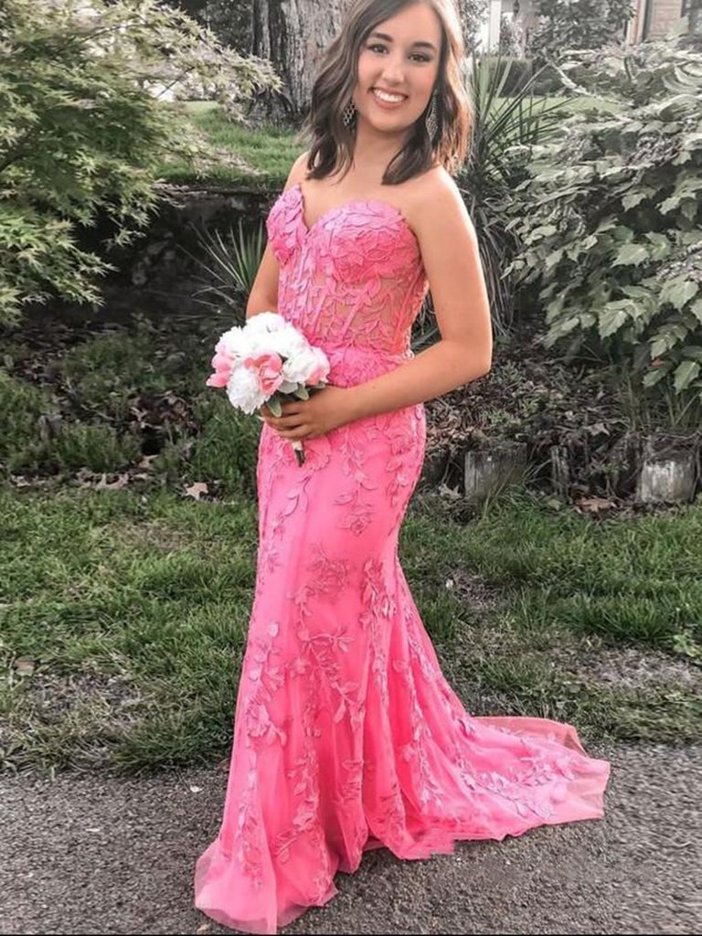 DingJiDress Gorgeous Pink Lace Long Sweetheart Sleeveless Mermaid Appliques Prom Dresses
