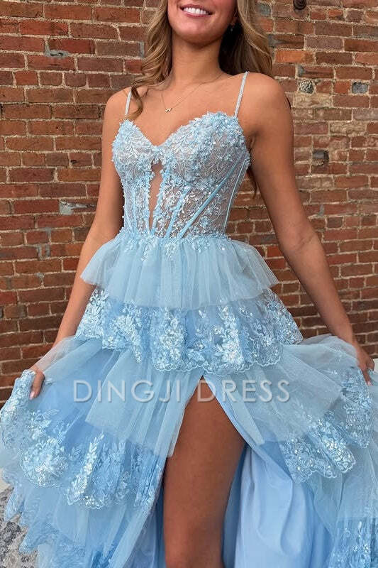 DingJiDress Formal Dress Gorgeous A-Line Sweetheart Spaghetti Straps Tiered Side Fork Party Exquisite Prom Dress