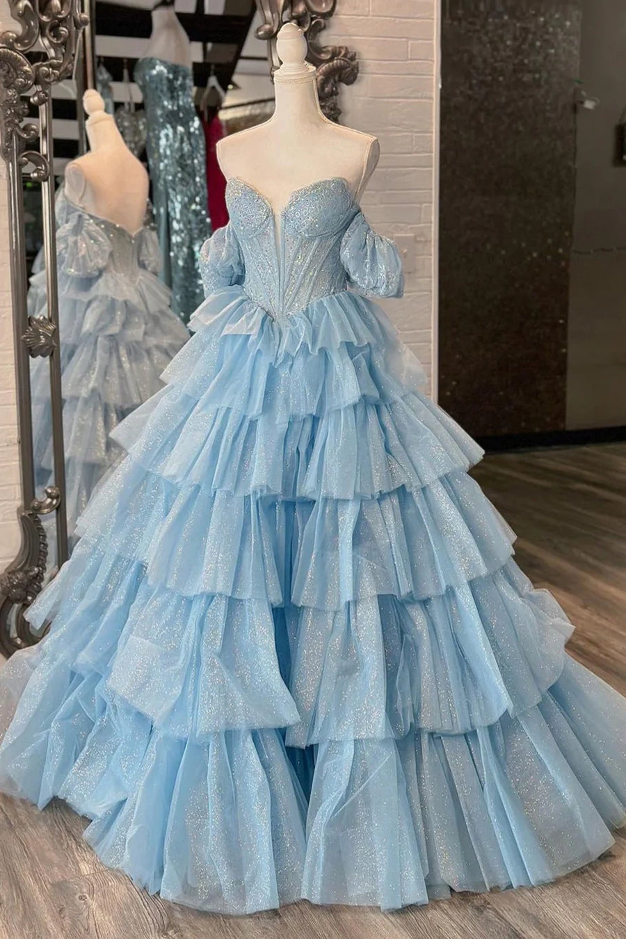 DingJiDress Formal Dress A-Line Sweetheart Off Shoulder Sparkly Tulle Ruched Tiered Gorgeous Prom Dress