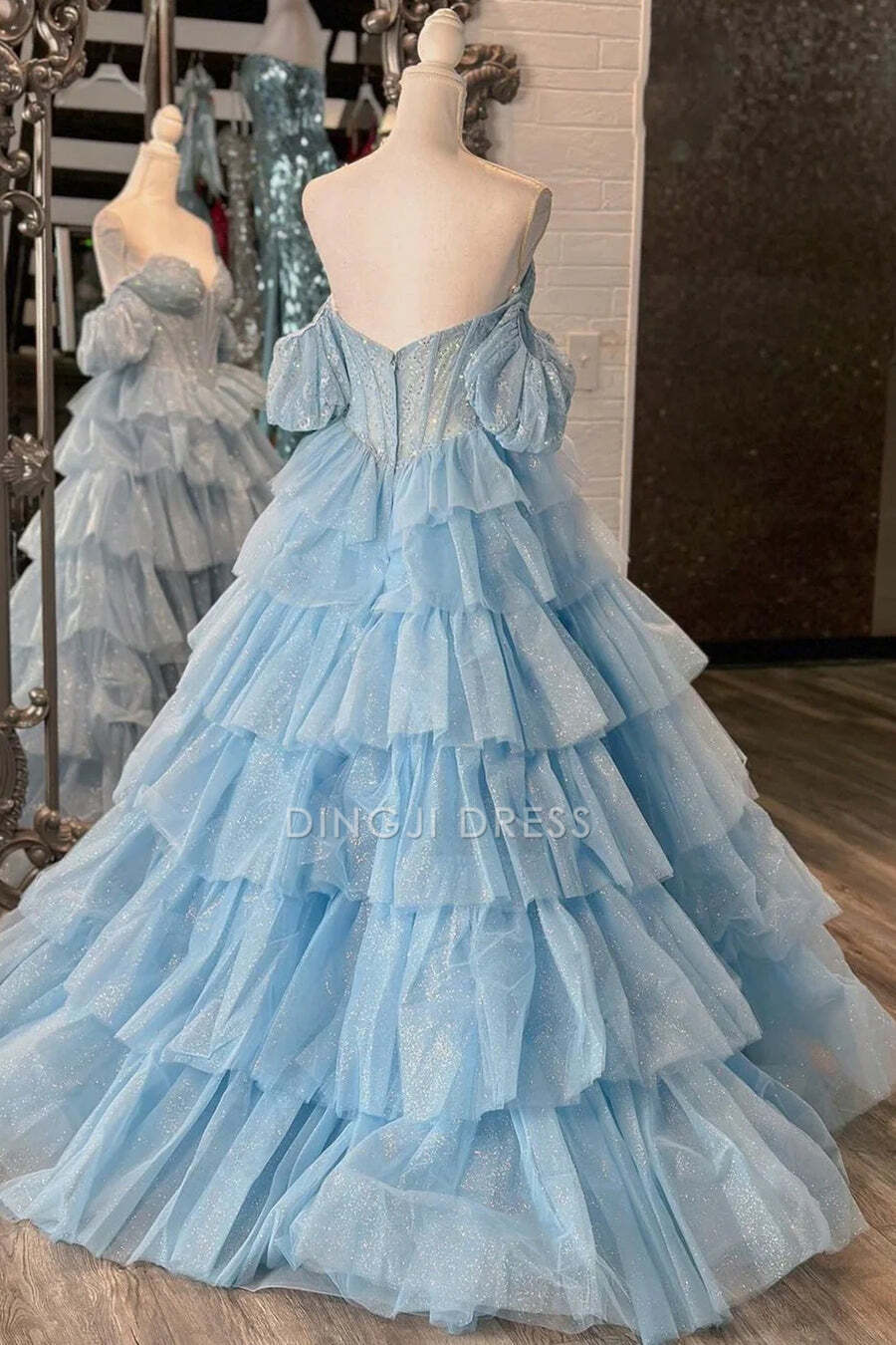 DingJiDress Formal Dress A-Line Sweetheart Off Shoulder Sparkly Tulle Ruched Tiered Gorgeous Prom Dress