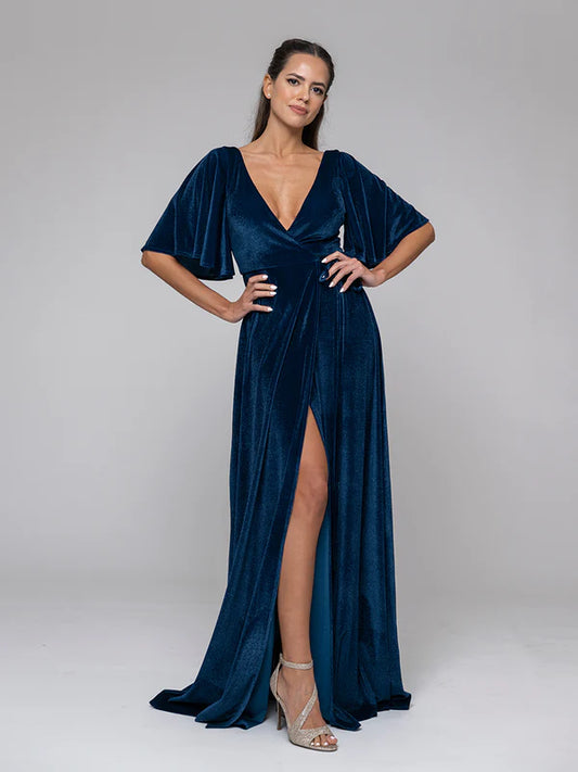 DingJiDress Flutter Sleeve Velvet Wrap Maxi Dress Bridesmaid Dresses