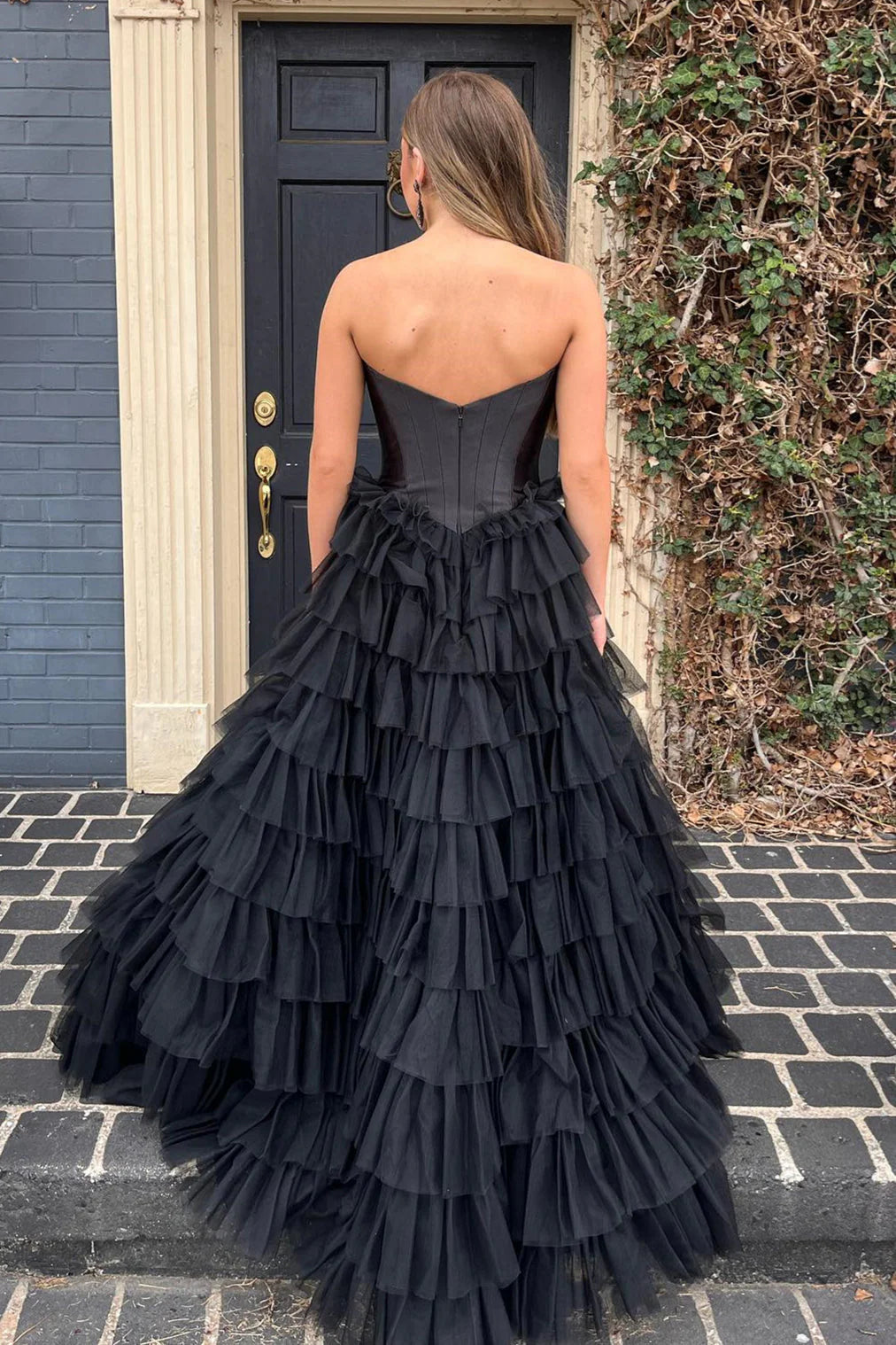 DingJiDress A-Line Strapless Tiered Tulle Satin Long Prom Dress