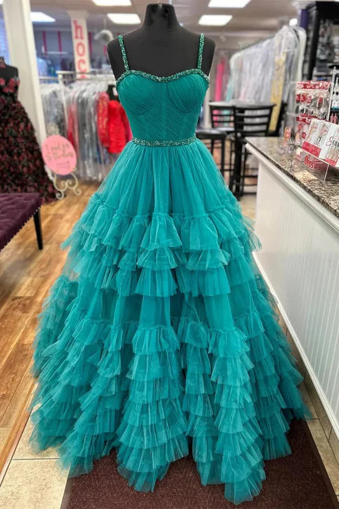 DingJiDress Fashion Tiered Ruffle Tulle Prom Dress Beaded Evening Dresses