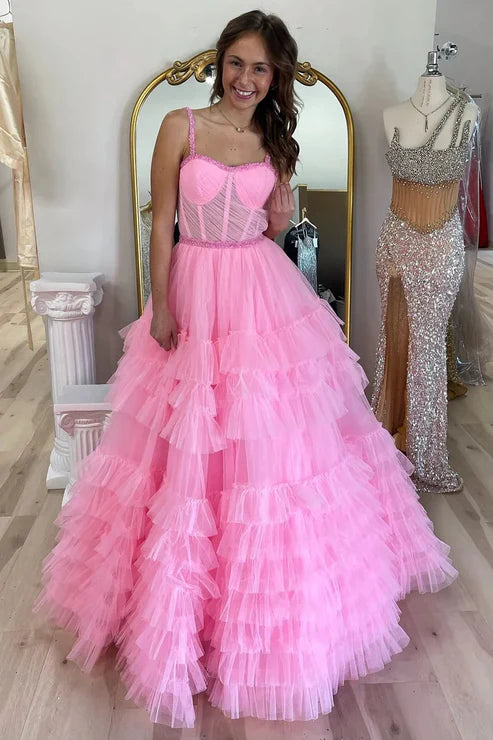 DingJiDress Fashion Tiered Ruffle Tulle Prom Dress Beaded Evening Dresses