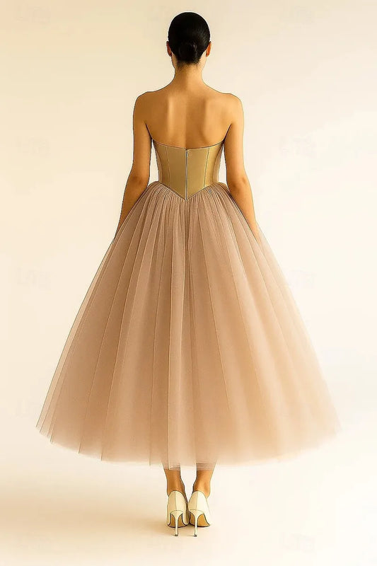 Timeless Ball Gown Strapless Corset Tulle Gold Tea Length Prom Dress