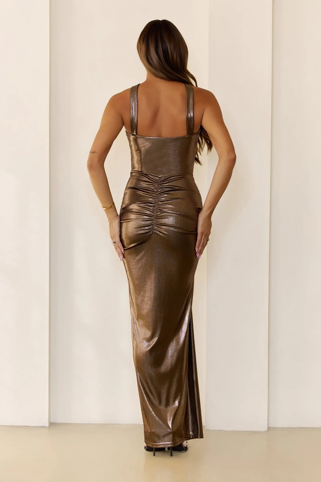 Top-quality Fabric Mermaid Pleated Beaded Metallic Bronze Maxi Evening Dress