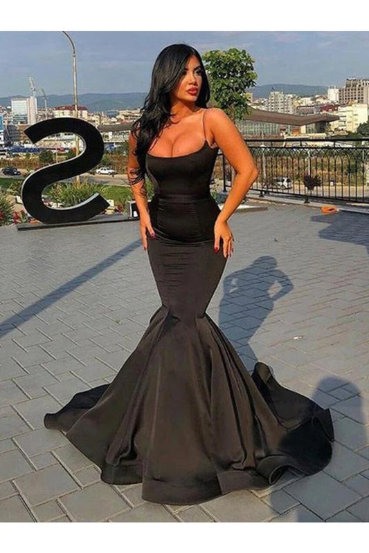 DingJiDress Trumpet/Mermaid Prom Dresses Sleeveless Straps Sweep/Brush Train Ruffles Elastic Woven Satin
