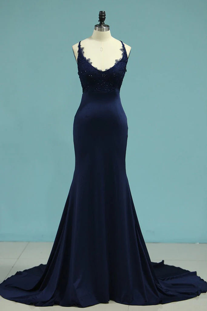 DingJiDress Trumpet/Mermaid Prom Dresses Sleeveless Straps Sweep/Brush Train Applique Spandex