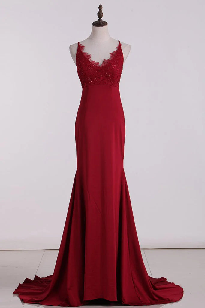 DingJiDress Trumpet/Mermaid Prom Dresses Sleeveless Straps Sweep/Brush Train Applique Spandex