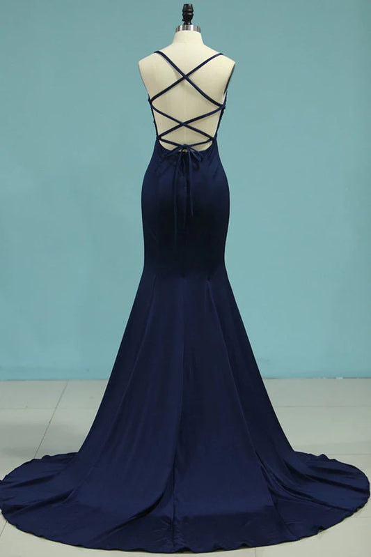 DingJiDress Trumpet/Mermaid Prom Dresses Sleeveless Straps Sweep/Brush Train Applique Spandex